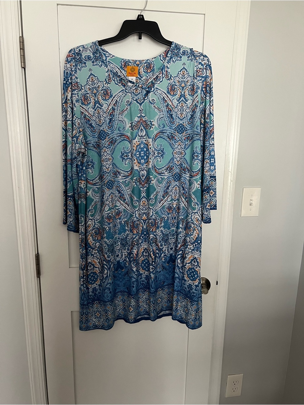 Ruby Rd. Paisley Print Dress in Aqua, Blue and Orange